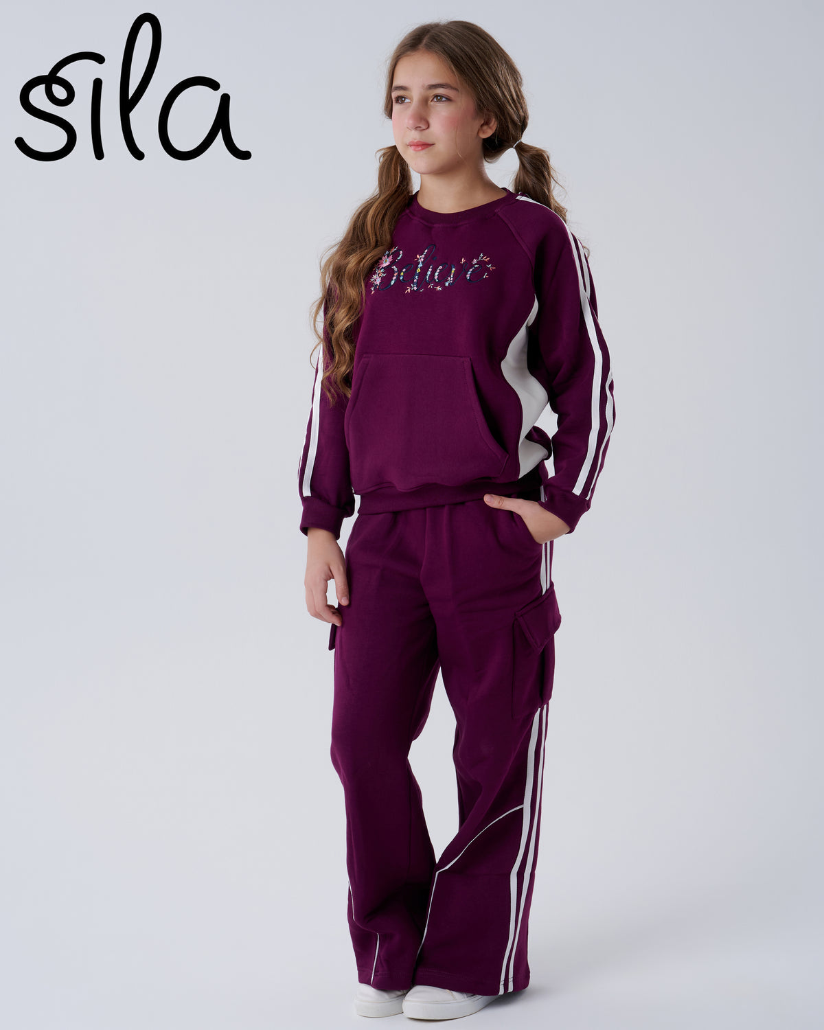 Believe Embroidered Cargo Set - Dark Plum