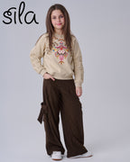 Embroidered Corduroy Bow Set - Beige
