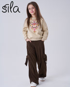 Embroidered Corduroy Bow Set - Beige